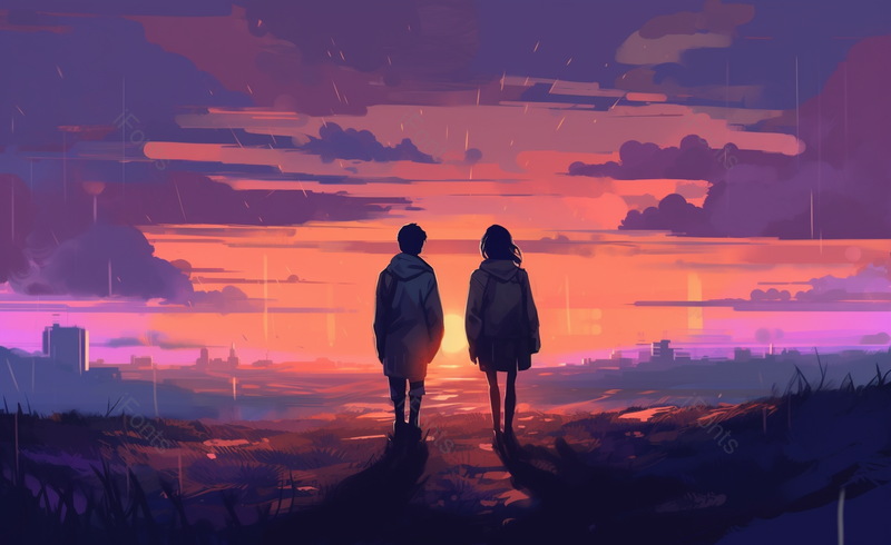 插画夕阳下情侣走路情人节背景图,插画/手绘图,插画/手绘图库,插画/手绘图下载,插画/手绘
